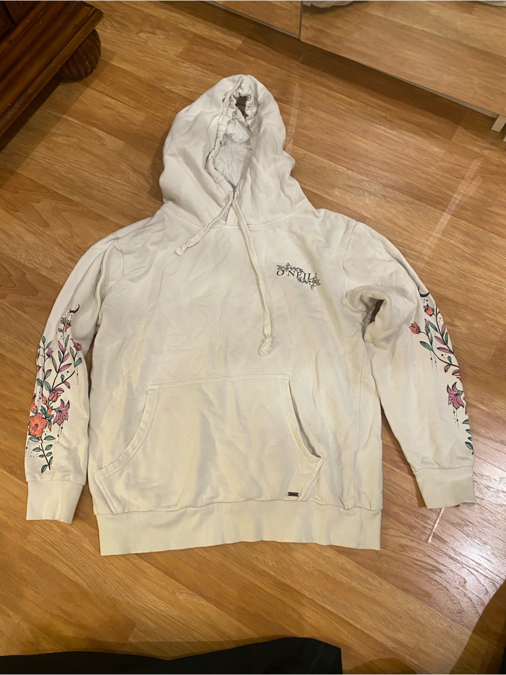 O'Neill Cream Hoodie with Pink & Green Floral Sleeves